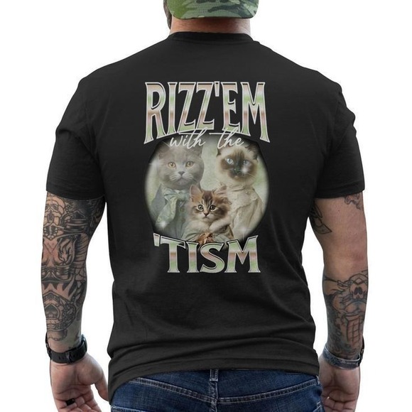 Rizz Em With The Tism Cat Autistic 90S  Rap Unisex T-Shirt - Picture 1 of 4
